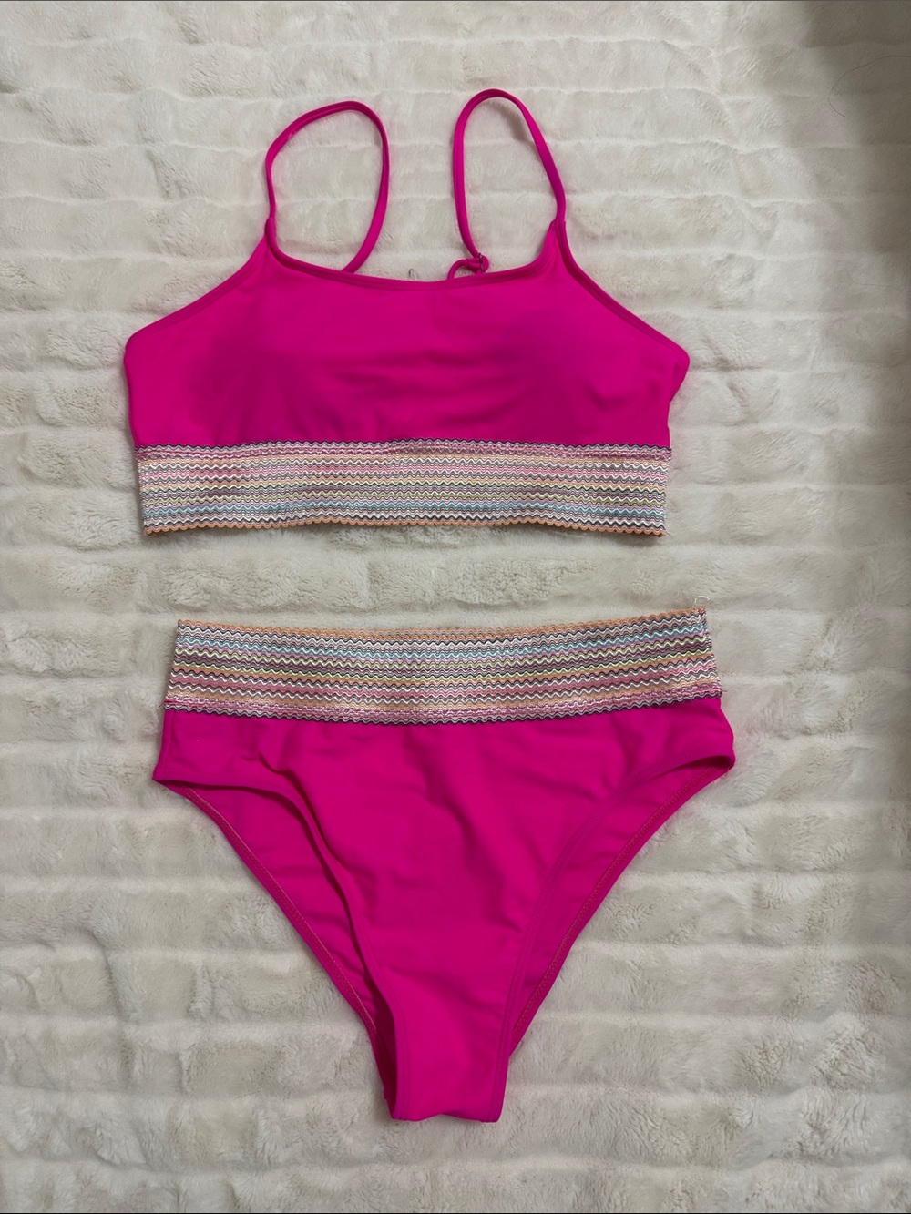 Hot Pink Two-Piece Bikini with Chevron Trim
